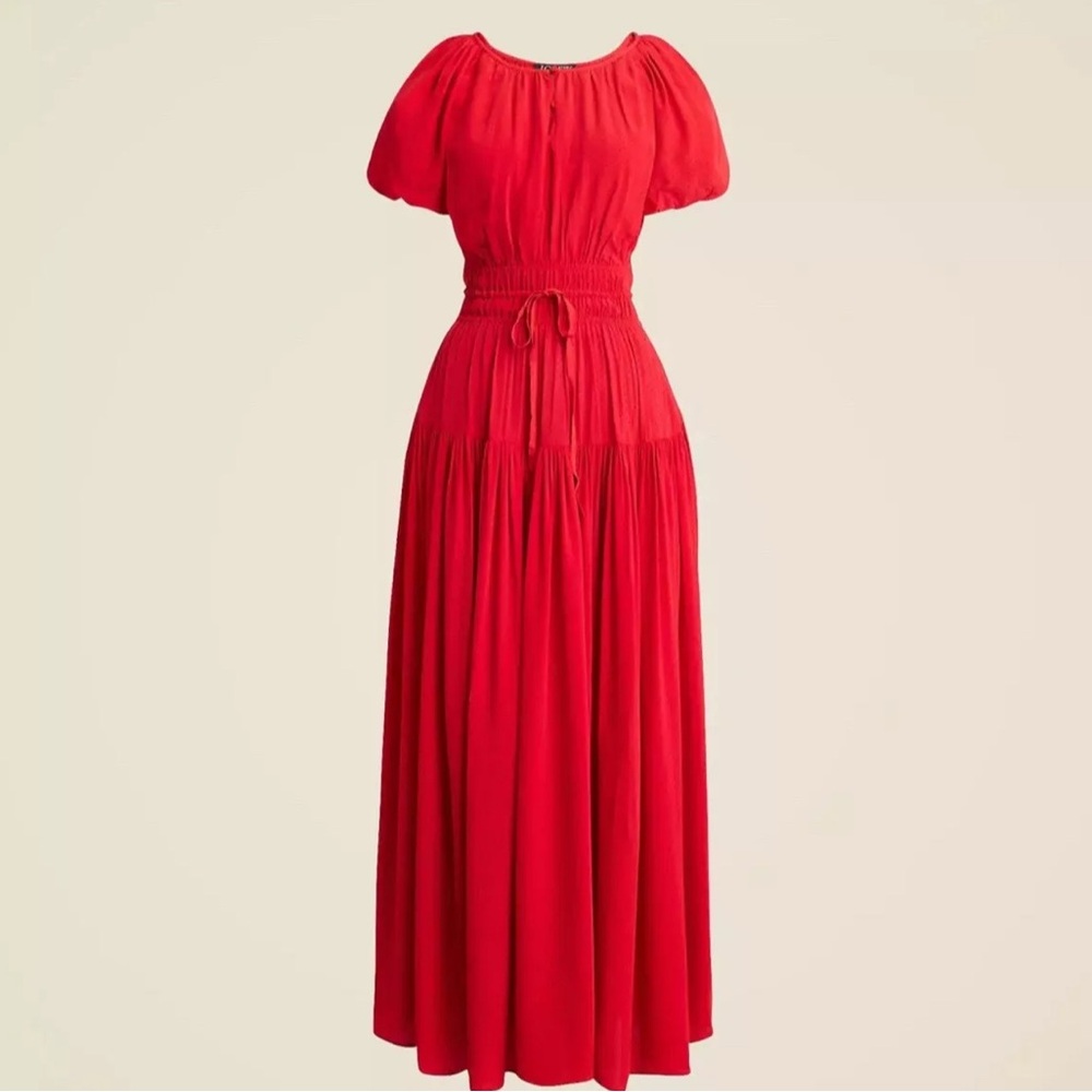 NWT J. Crew Red Elena Puff-Sleeve Midi Dress  Size XXS